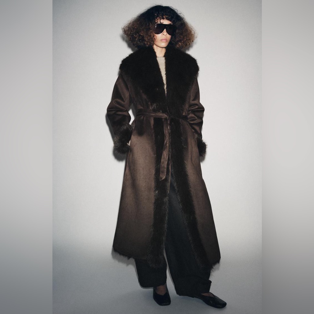 Zara Faux Suede Long Brown Faux-Fur Trim Coat Women's With Waist Tie